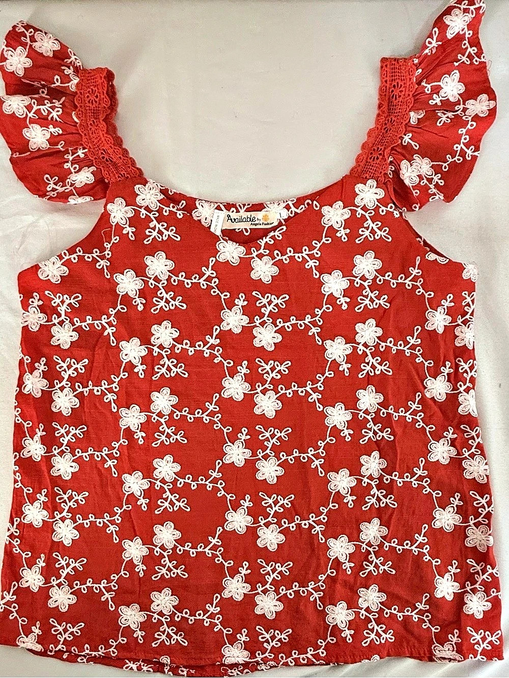 Available by Angela Fashion Floral Blouse in Red & White Embroidered Large